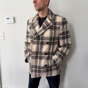 The Normal Brand Cream and Black Plaid Pea Coat